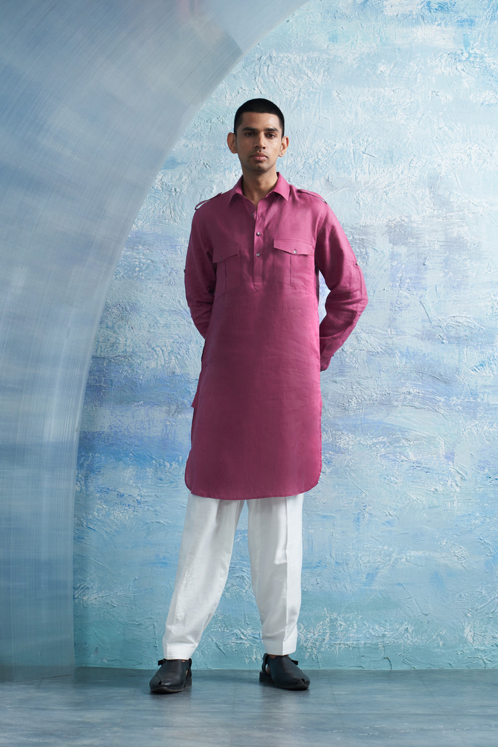 Aura Grape Pink Linen Pathani Set