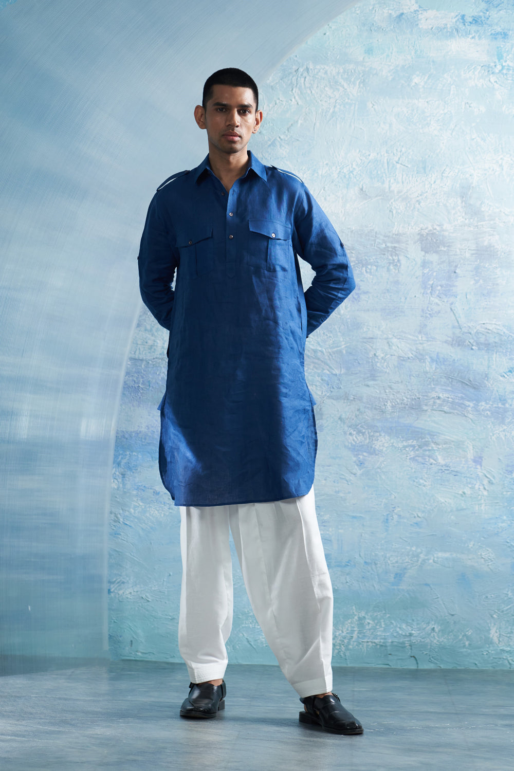 Royal Blue Linen Pathani with White Salwar