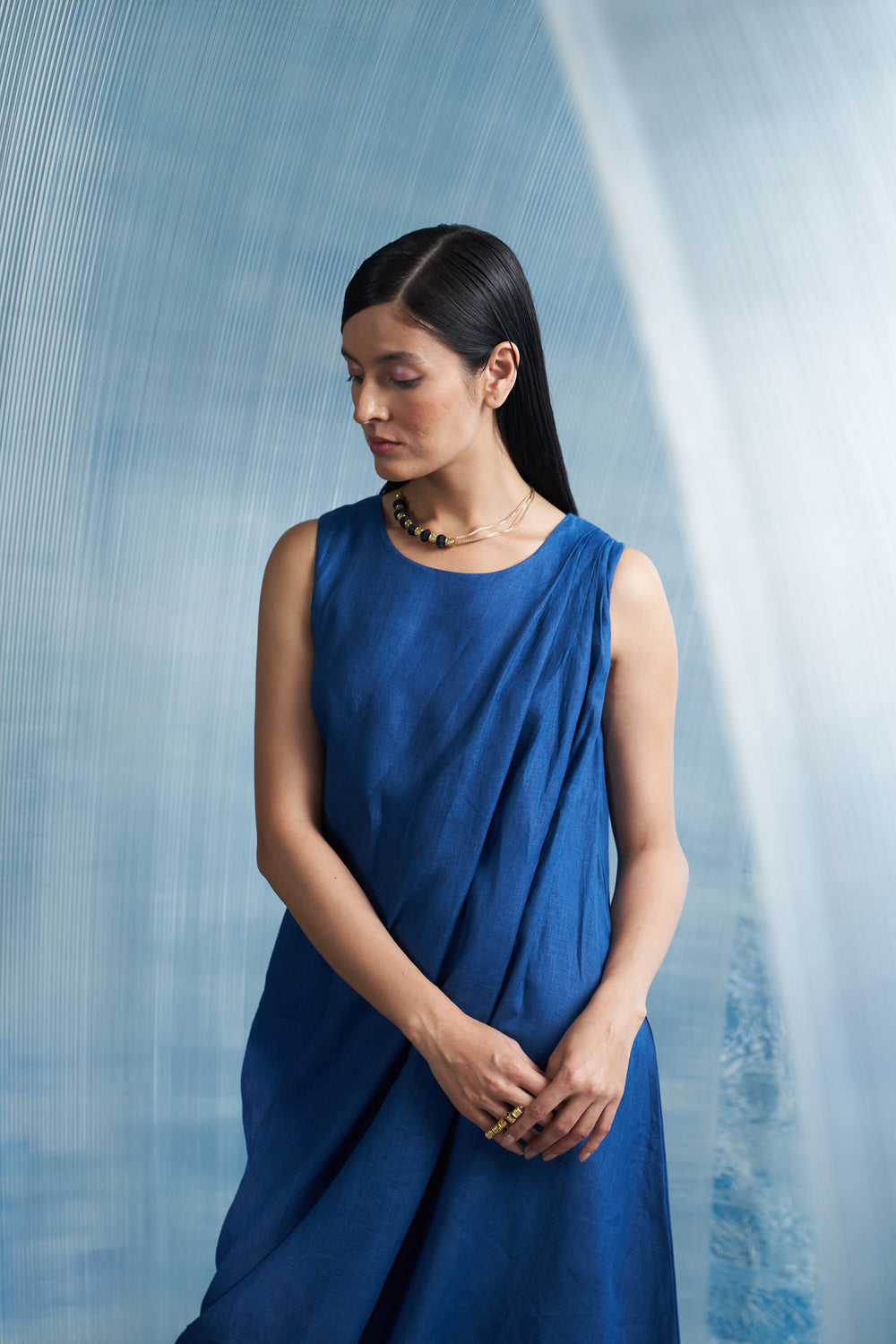 Aura Royal Blue Linen Drape Dress