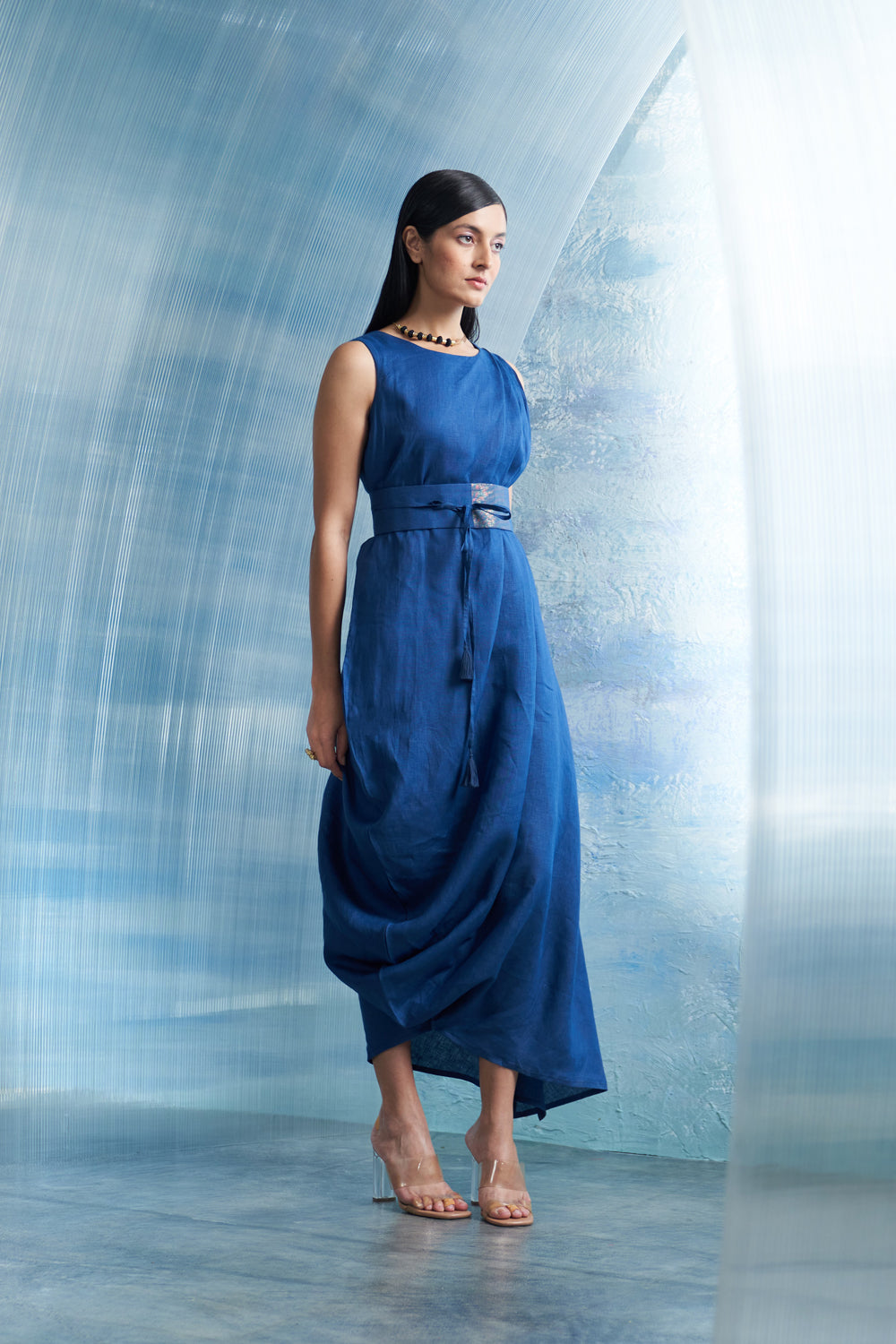 Aura Royal Blue Linen Drape Dress