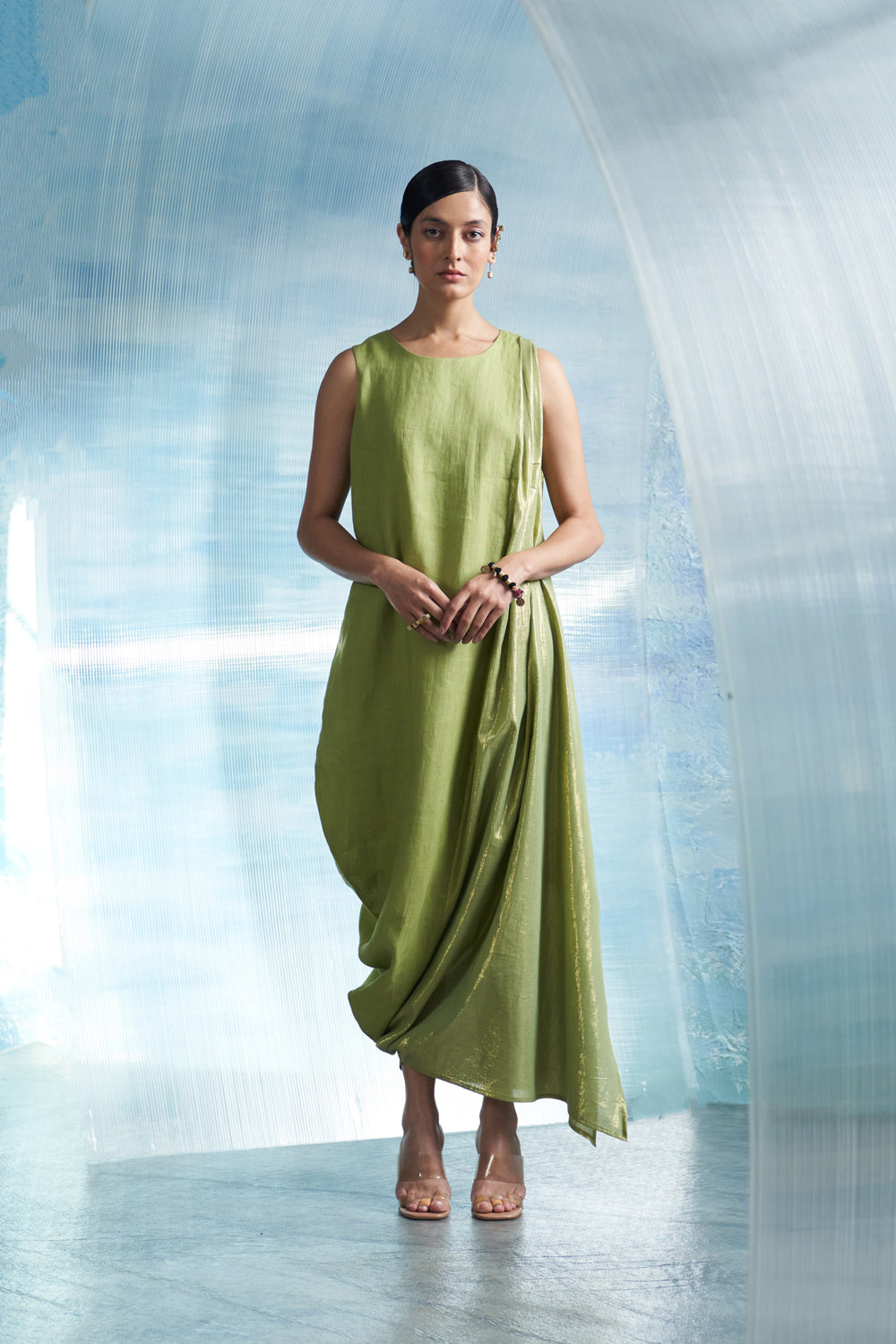 Aura Sheen Green Linen Drape Dress