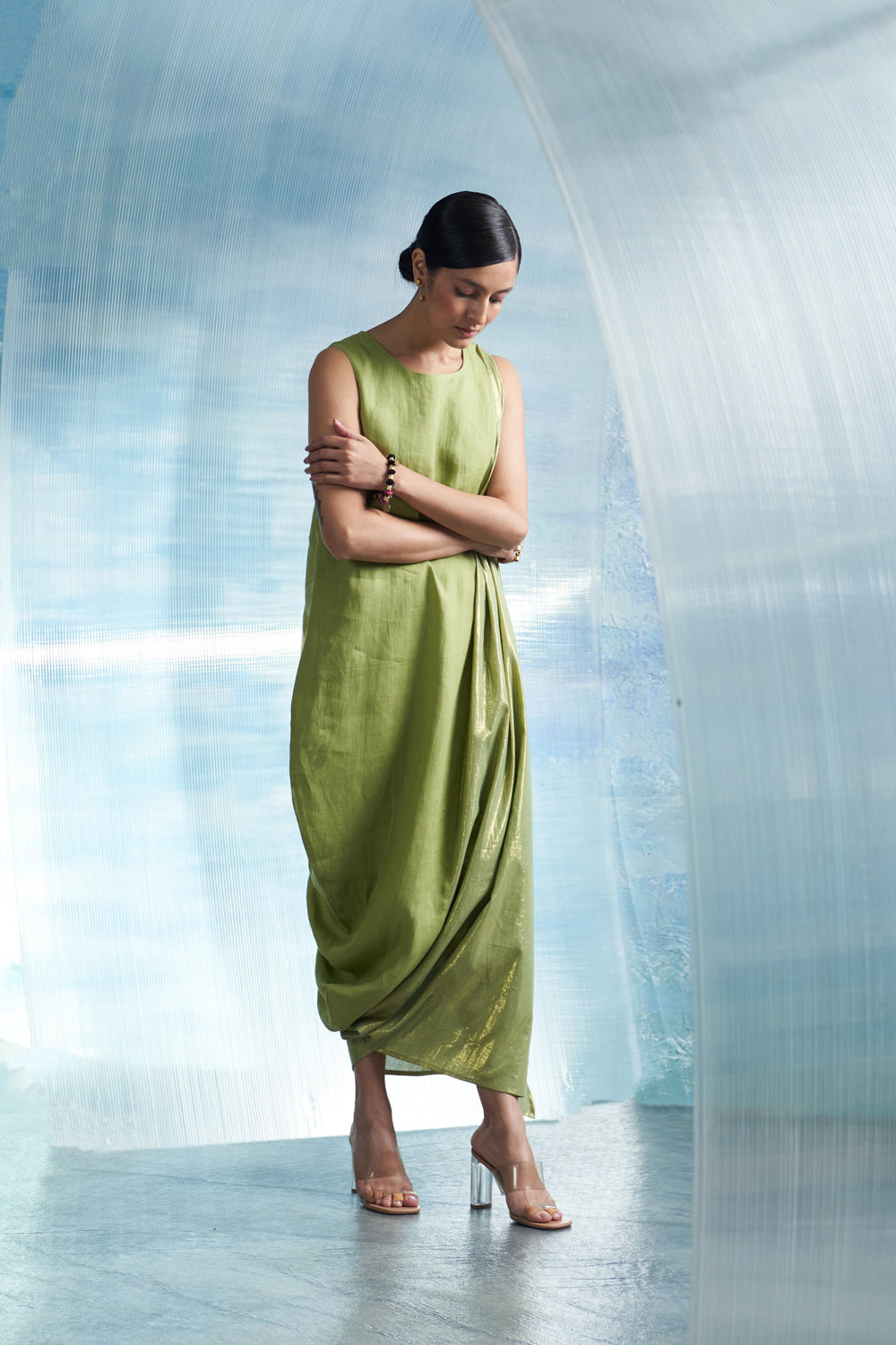 Aura Sheen Green Linen Drape Dress