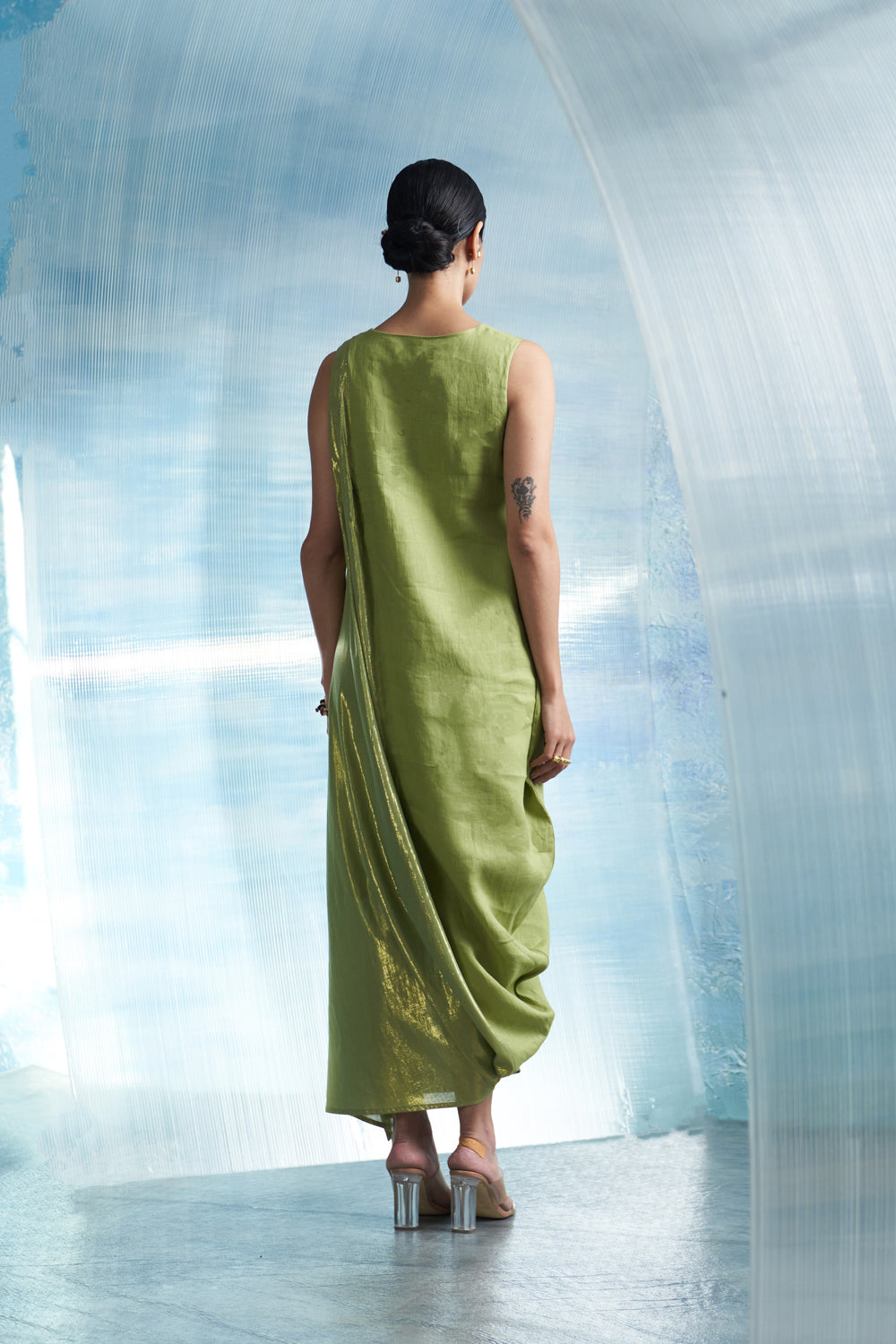 Aura Sheen Green Linen Drape Dress