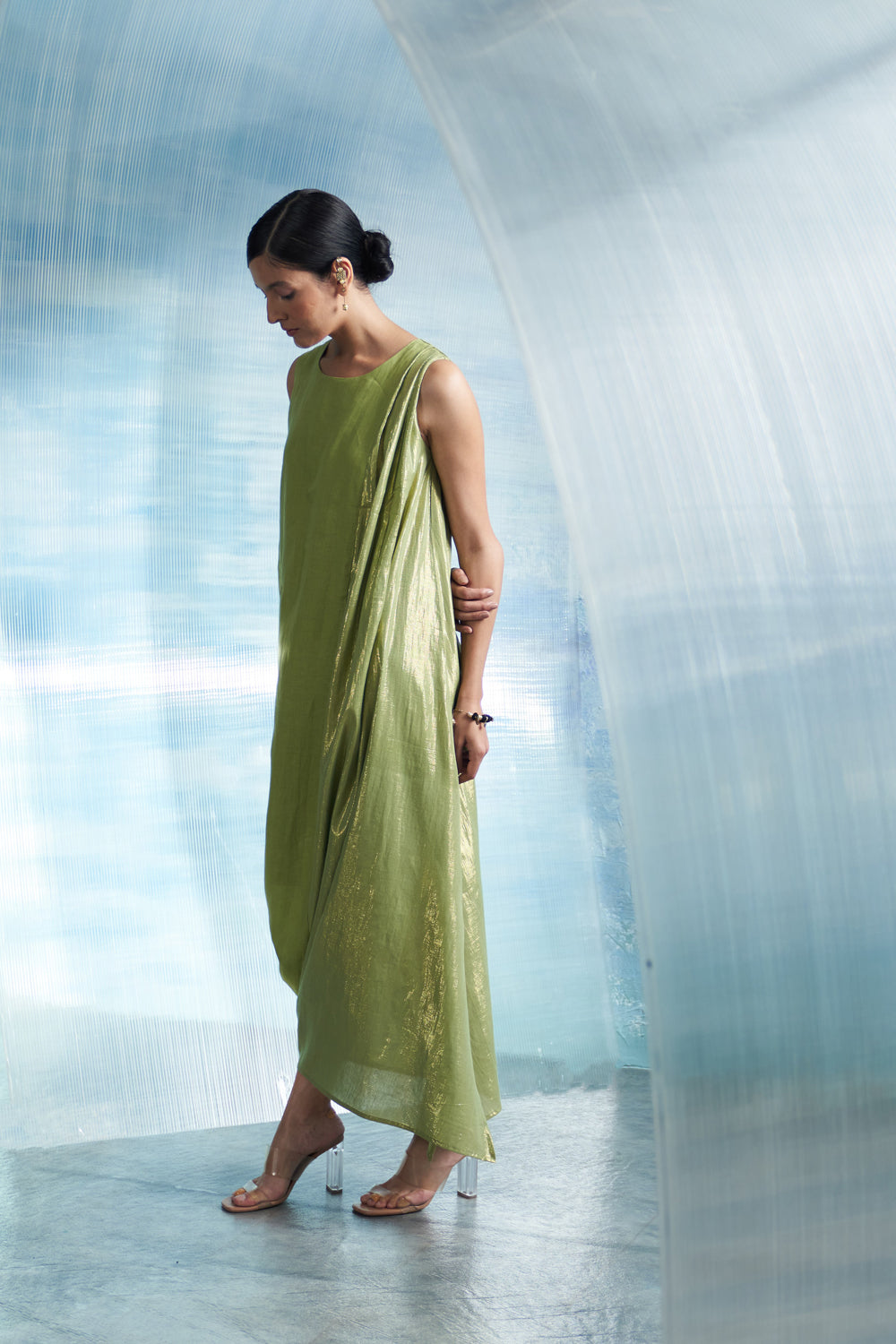 Aura Sheen Green Linen Drape Dress