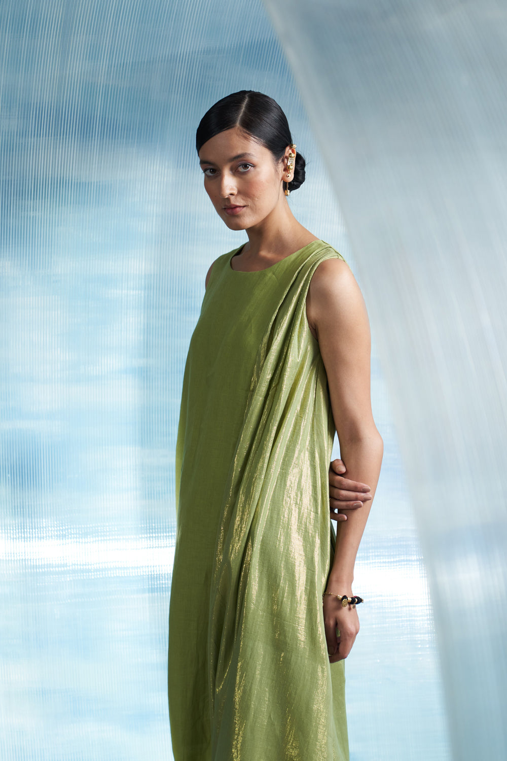 Aura Sheen Green Linen Drape Dress