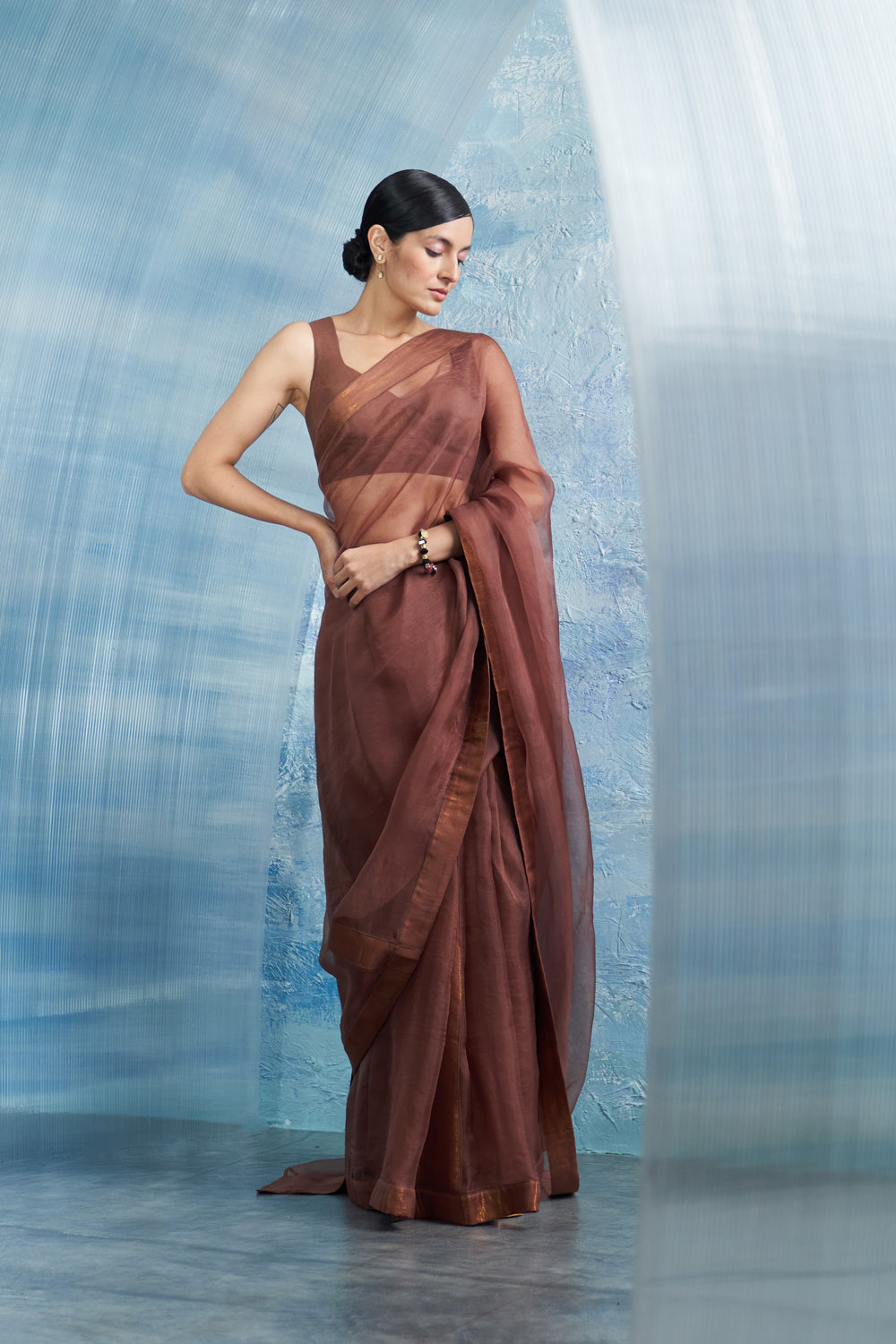 Aura Woody Brown Saree With Sleeveless Blouse