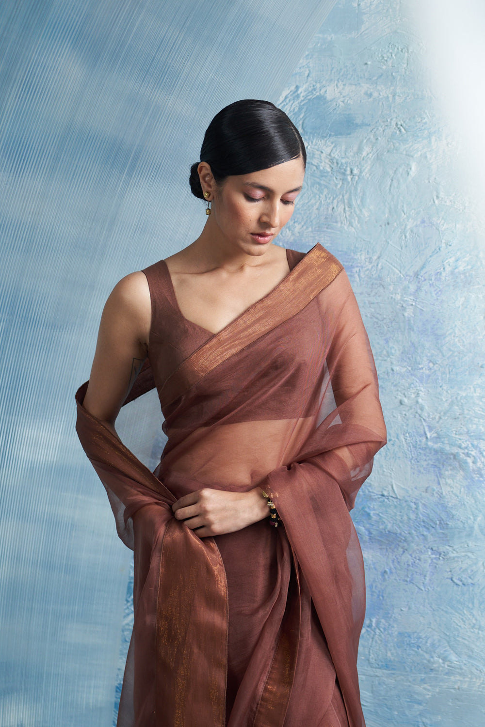 Aura Woody Brown Saree With Sleeveless Blouse