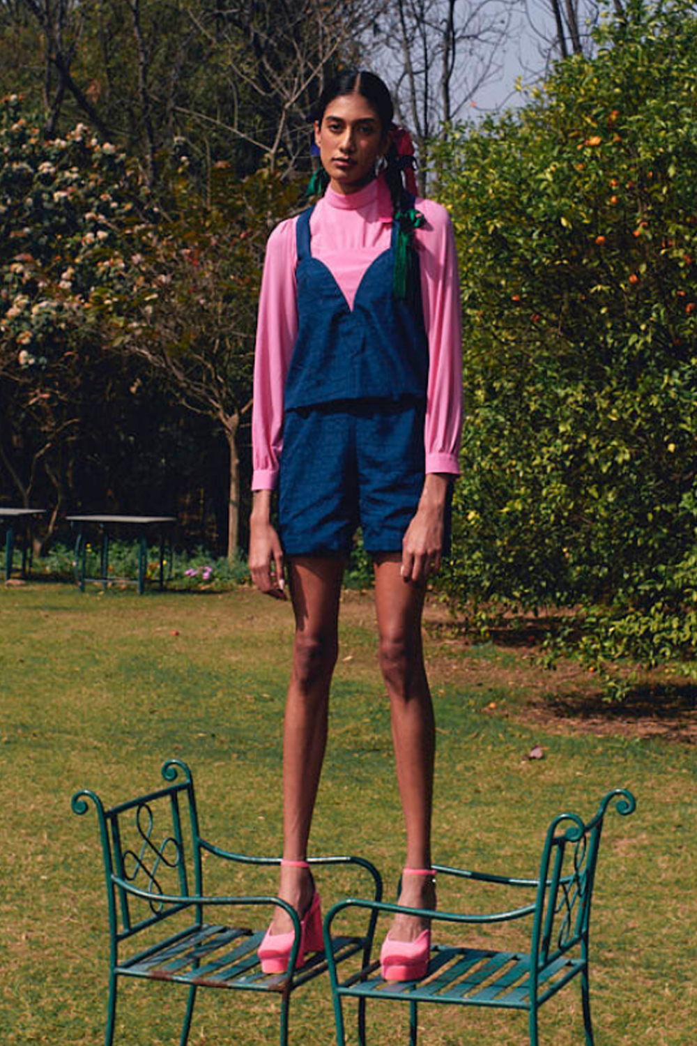 Teal Halter Playsuit With Fondant Pink Mesh Top