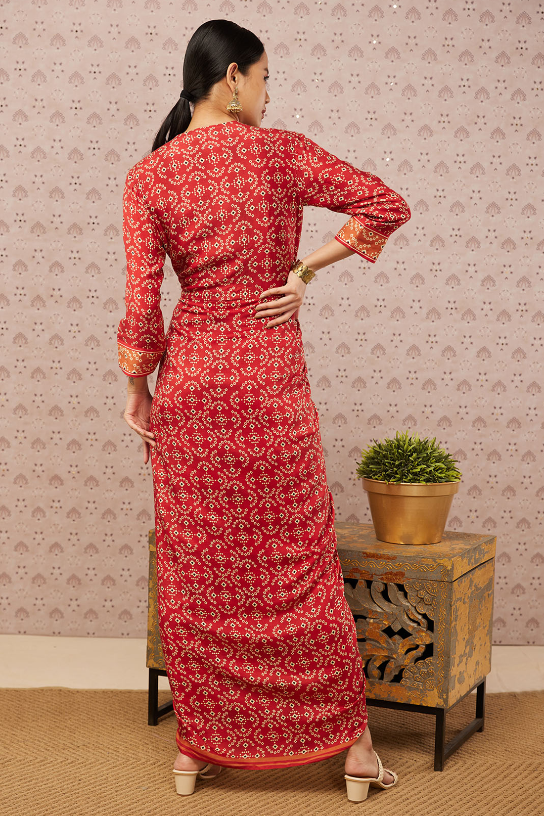 Image of Bandhej printed overlap drape dress