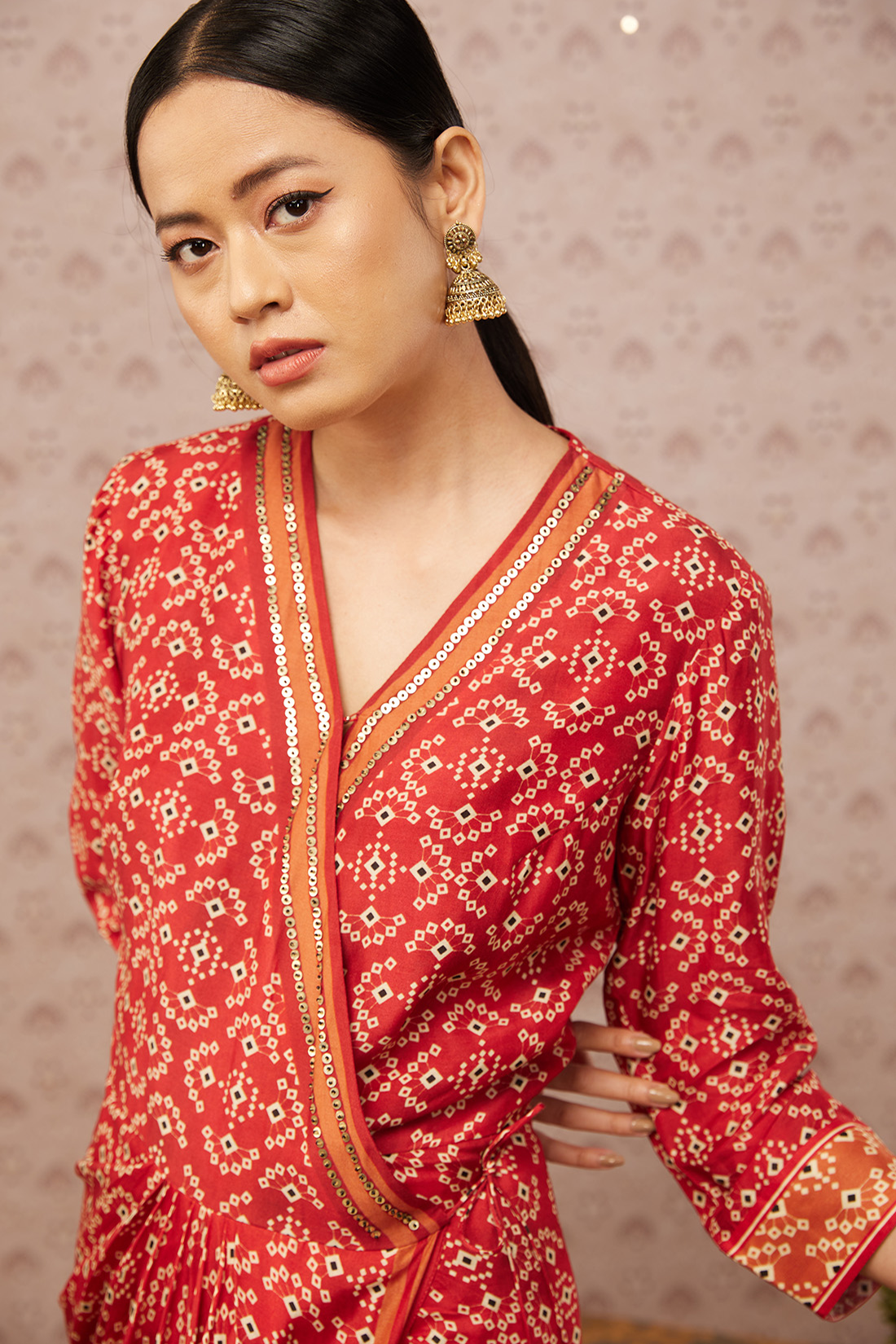 Image of Bandhej printed overlap drape dress