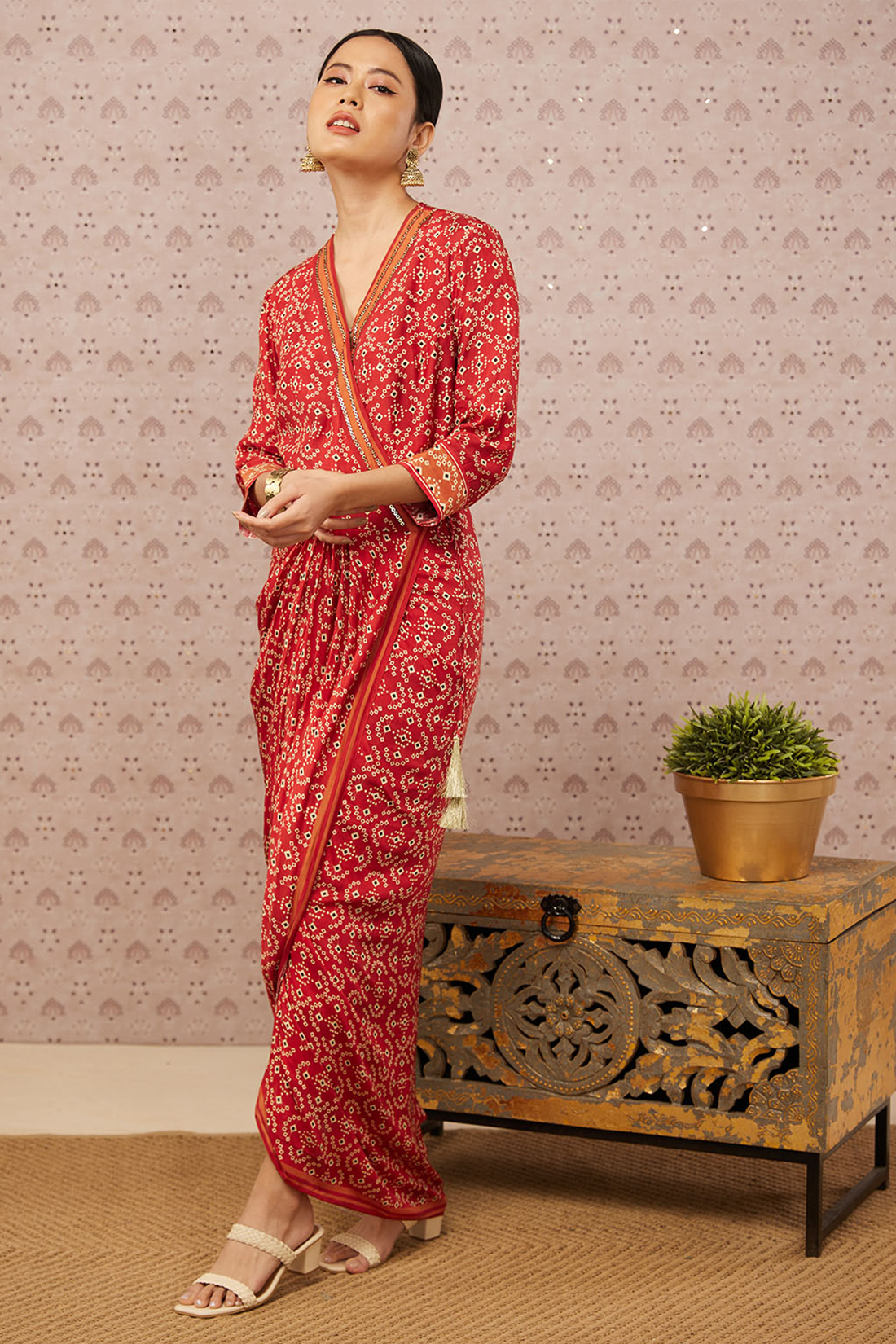 Image of Bandhej printed overlap drape dress