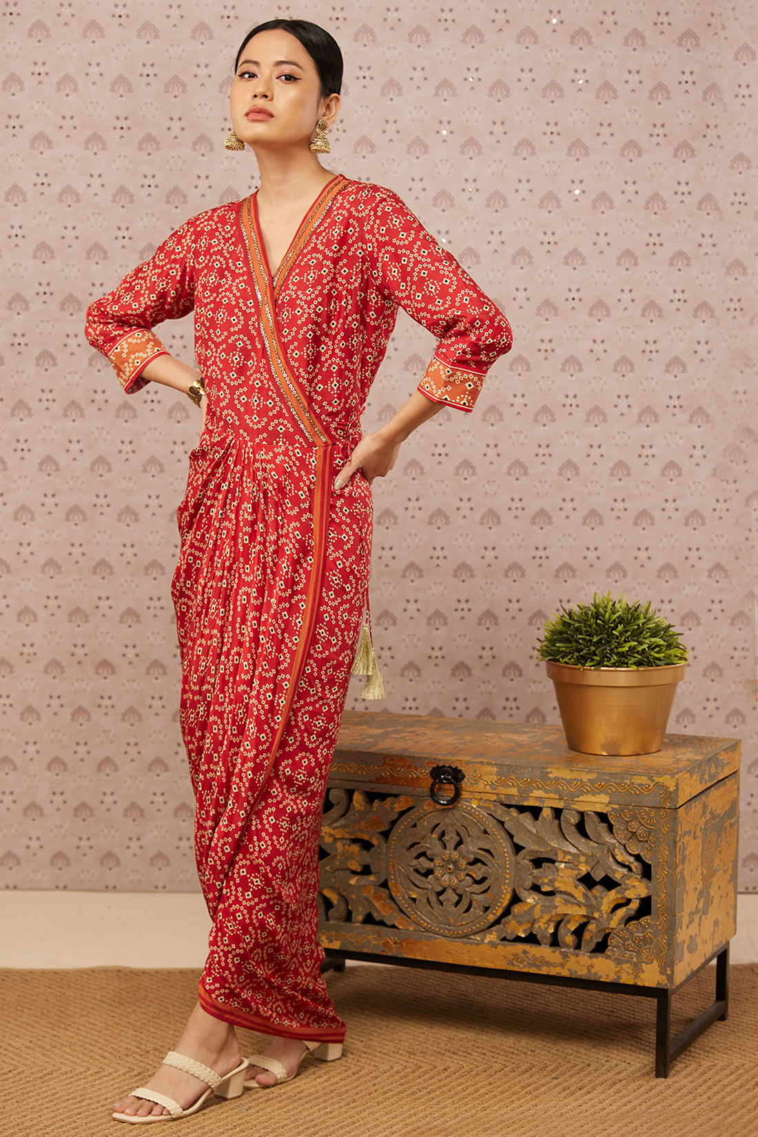 Image of Bandhej printed overlap drape dress