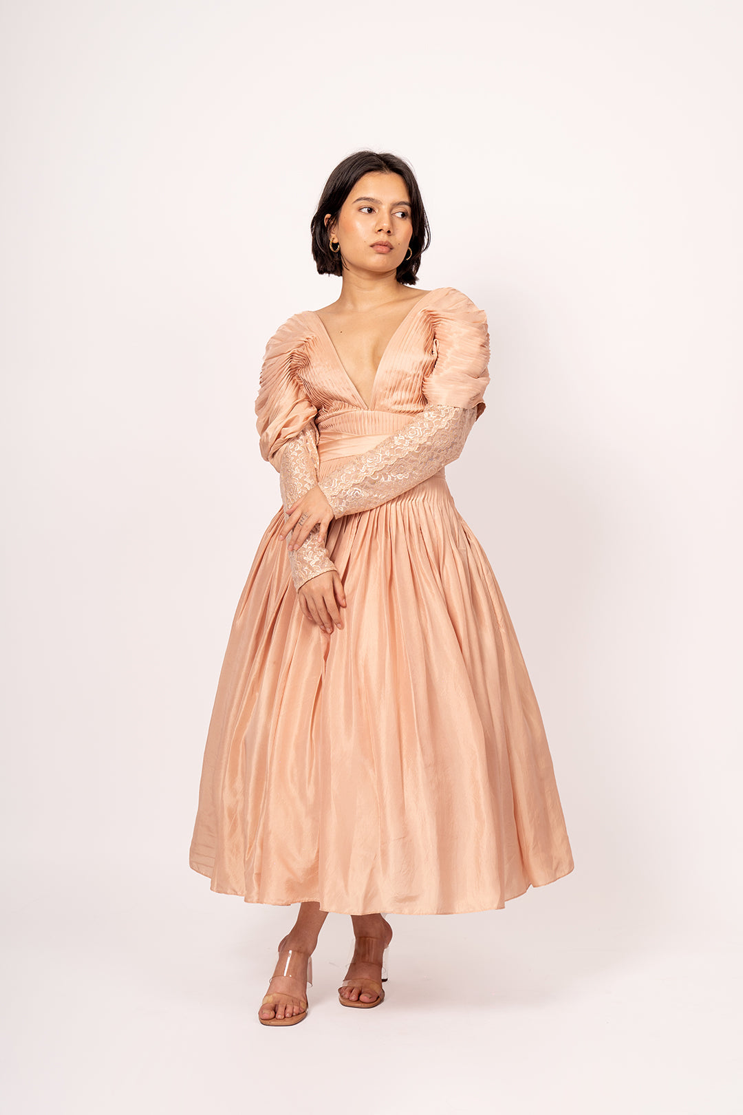 Requeen Pure Silk Layered Hourglass Dress with Structured Neckline