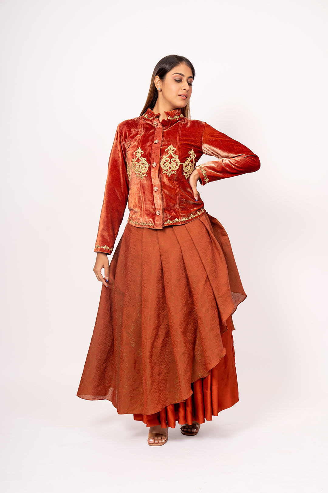 Velvet Victorian Bustle Dress with Layered Satin Skirt - The Lady
