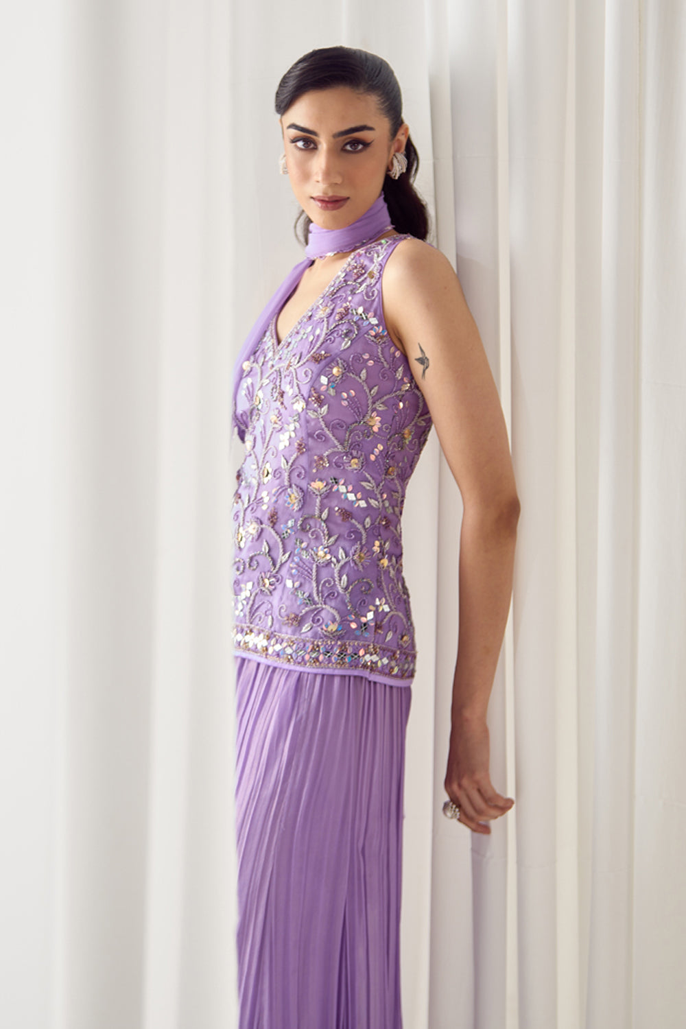 Lavender Fitted Kurta With Sharara Set