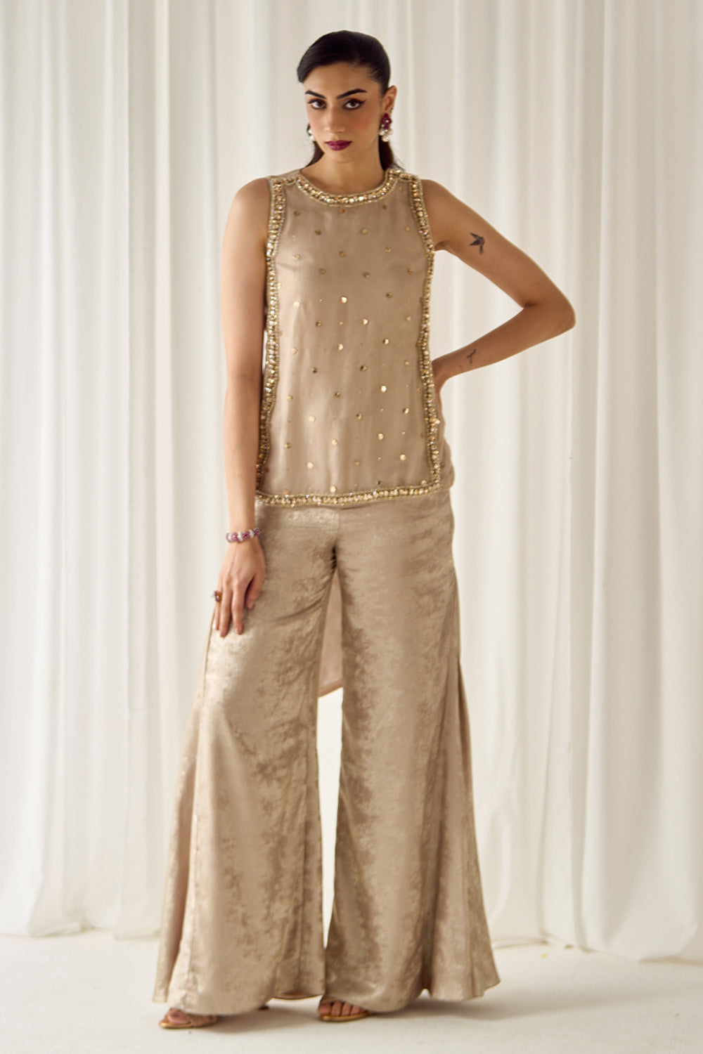 Biege Mukaish-Work Co-ord Set
