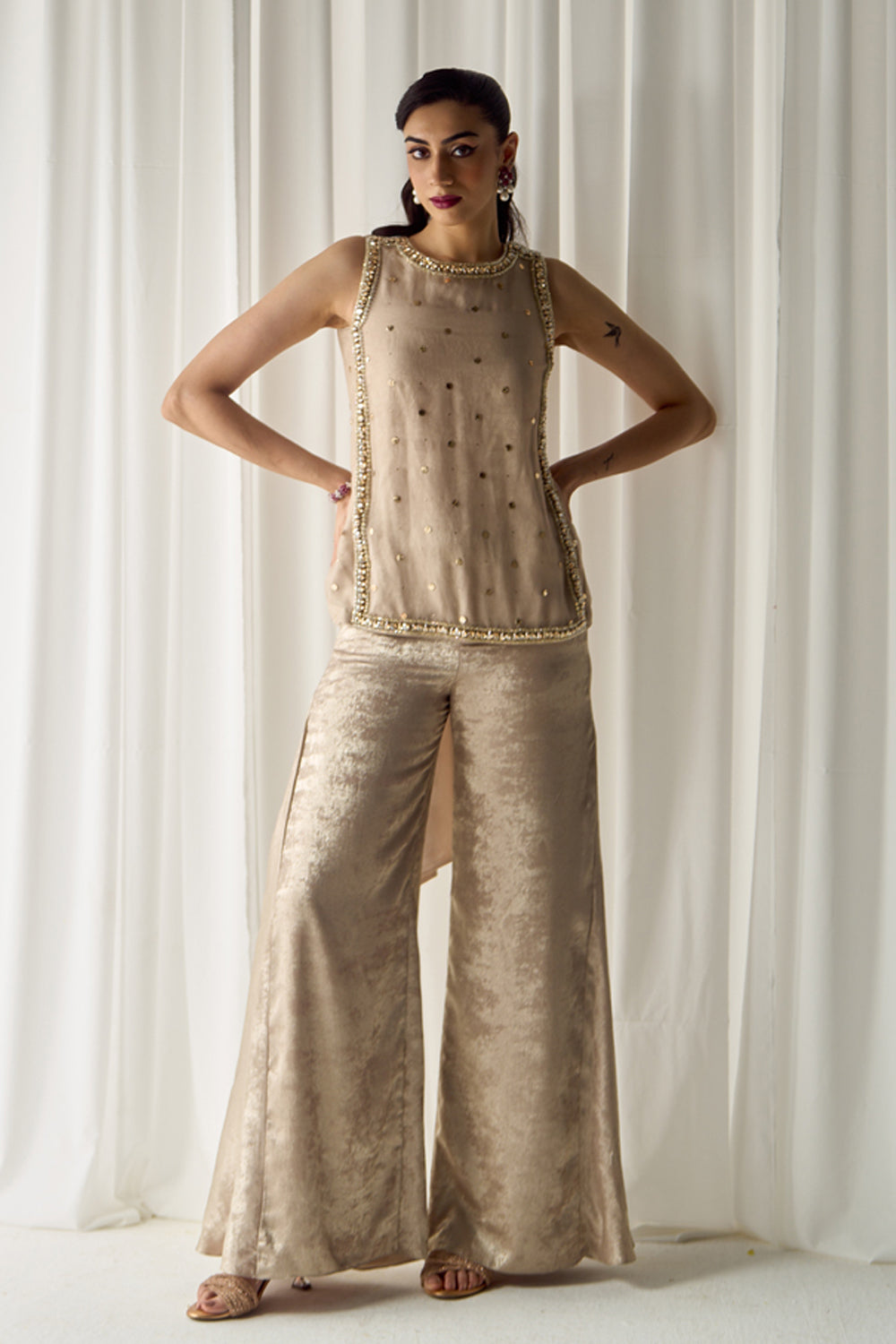 Biege Mukaish-Work Co-ord Set