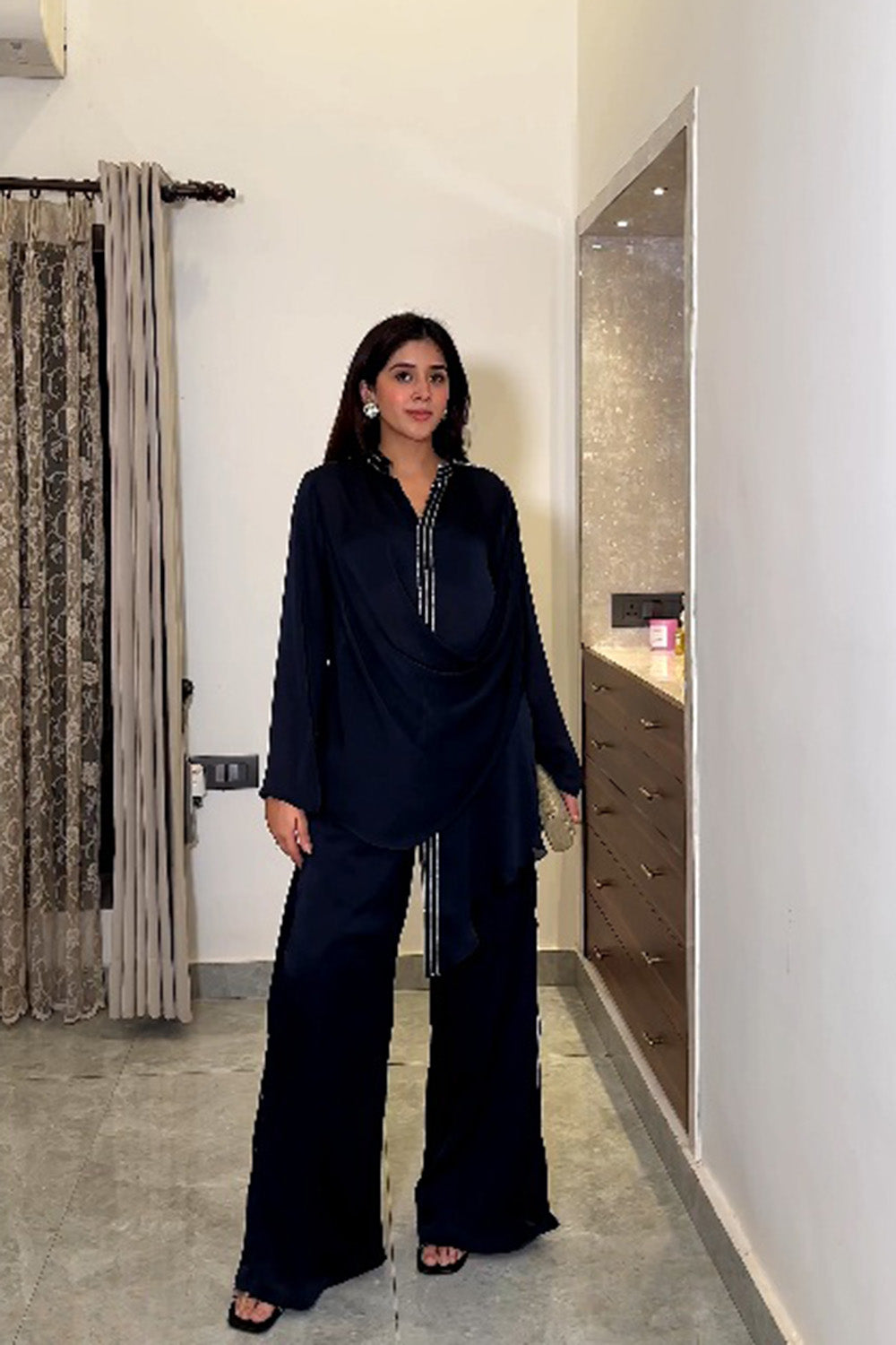 Navy Blue Mira Co-ord Set - Sequinned Chiffon Evening Wear