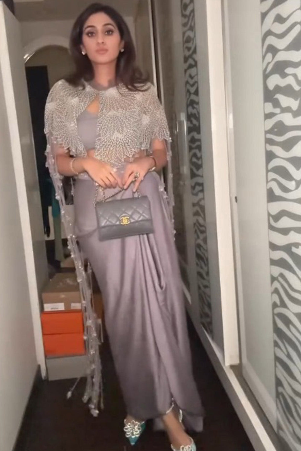 Begum Cape Set in Grey with Crystal Chandelier Neckline