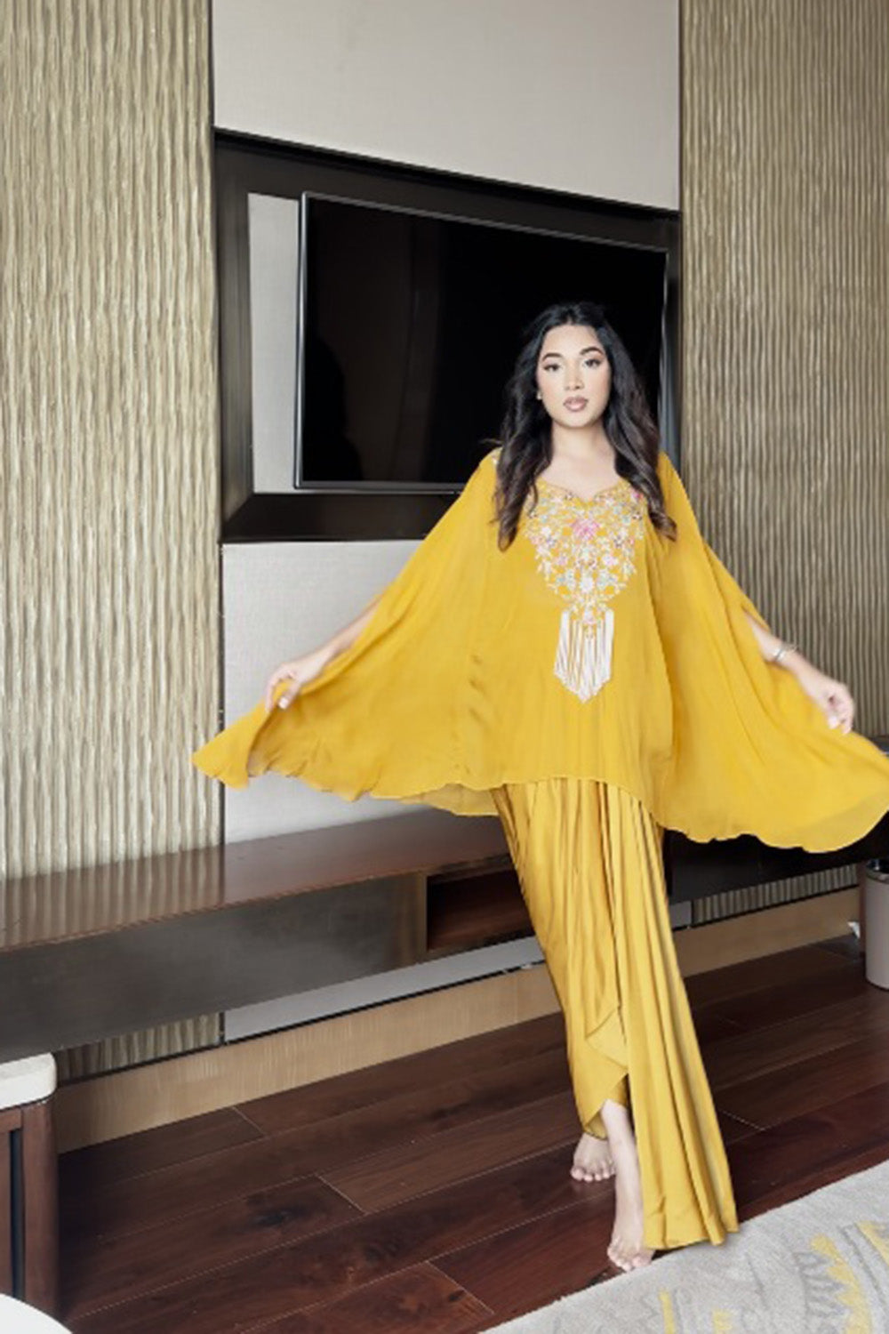 Mustard Embroidered Organza Cape with Fluid Modal Silk Skirt