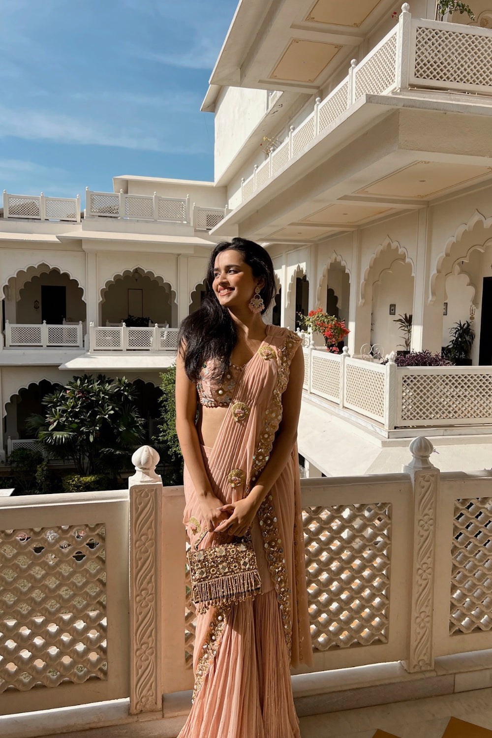 Baby pink pre-draped sharara sari set