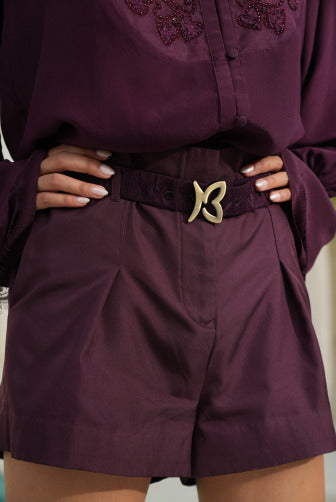 Wine Silk Twill Lace Shorts - Luxury Structured Evening Wear