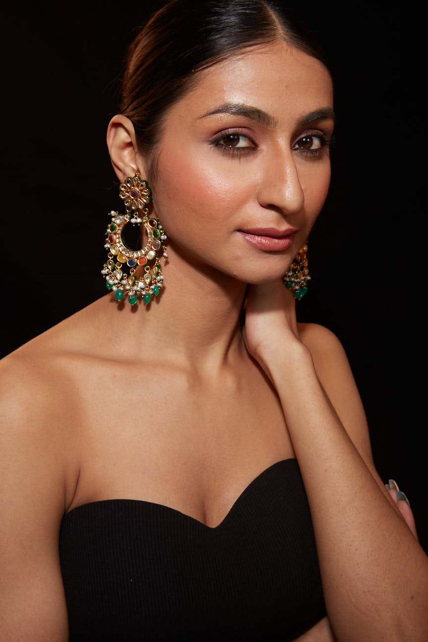 Gold Plated Multi Colour Stone With Drop Beads Chaandbali Earrings