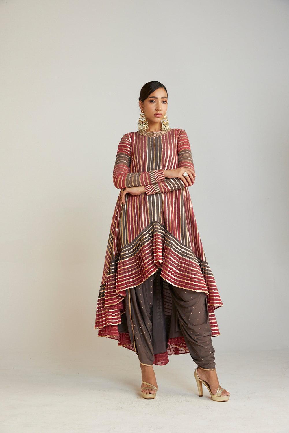 Charcoal Grey Asymmetrical Kurta Set - Auraya Fashion 