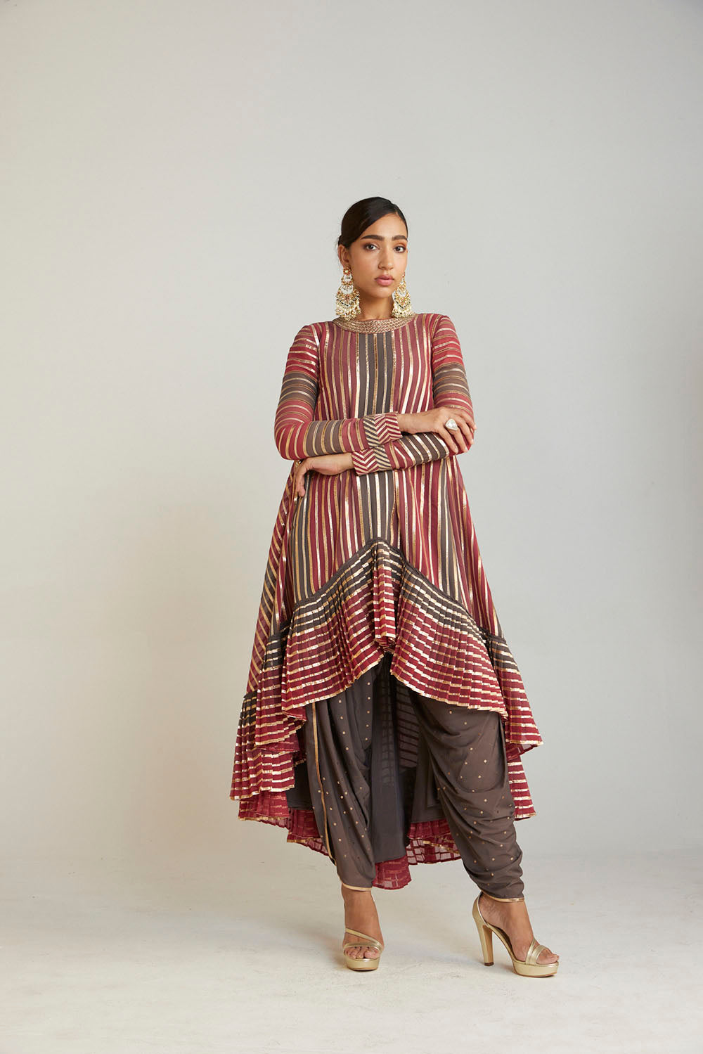 Charcoal Grey Asymmetrical Kurta Dhoti Set - Auraya Fashion - Vani Vats - 