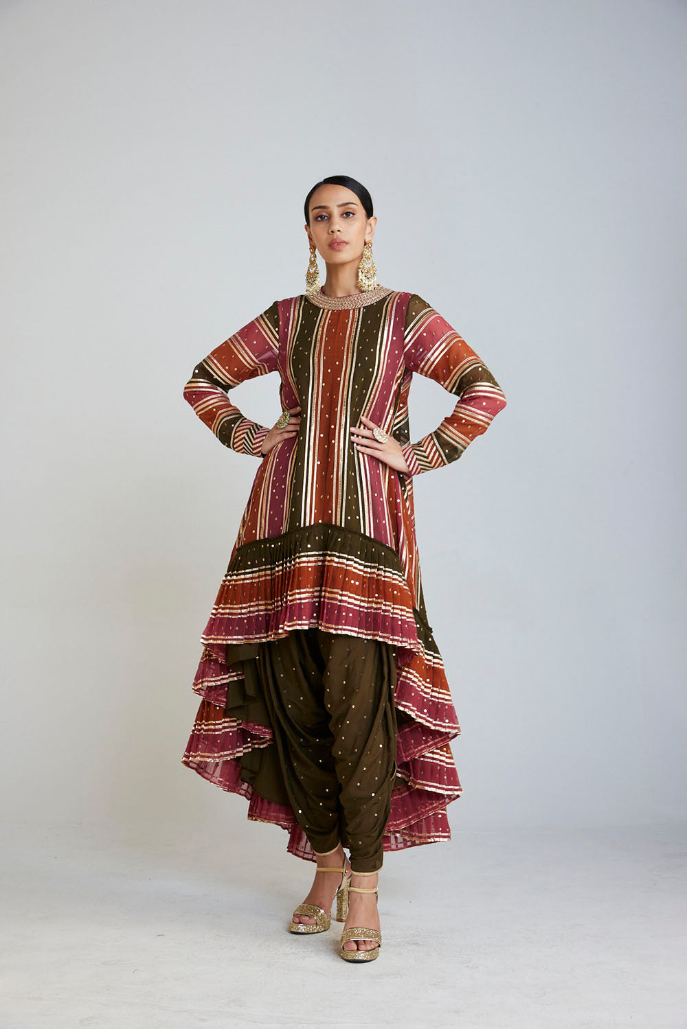 Olive Green Asymmetrical Kurta Set - Auraya Fashion 