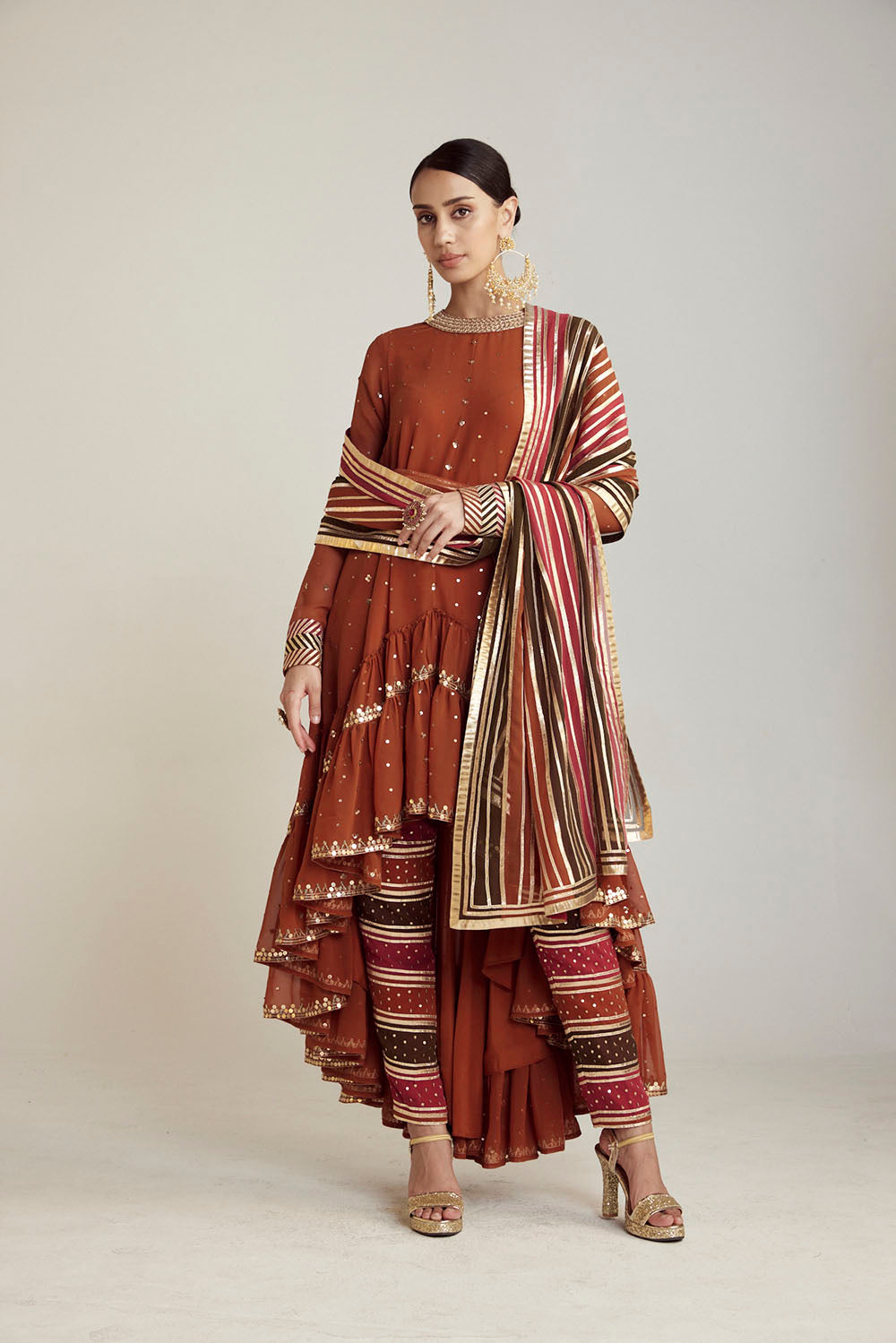 Rust Round Neck Asymmetrical Kurta Pant Set - Auraya Fashion - Vani Vats - 