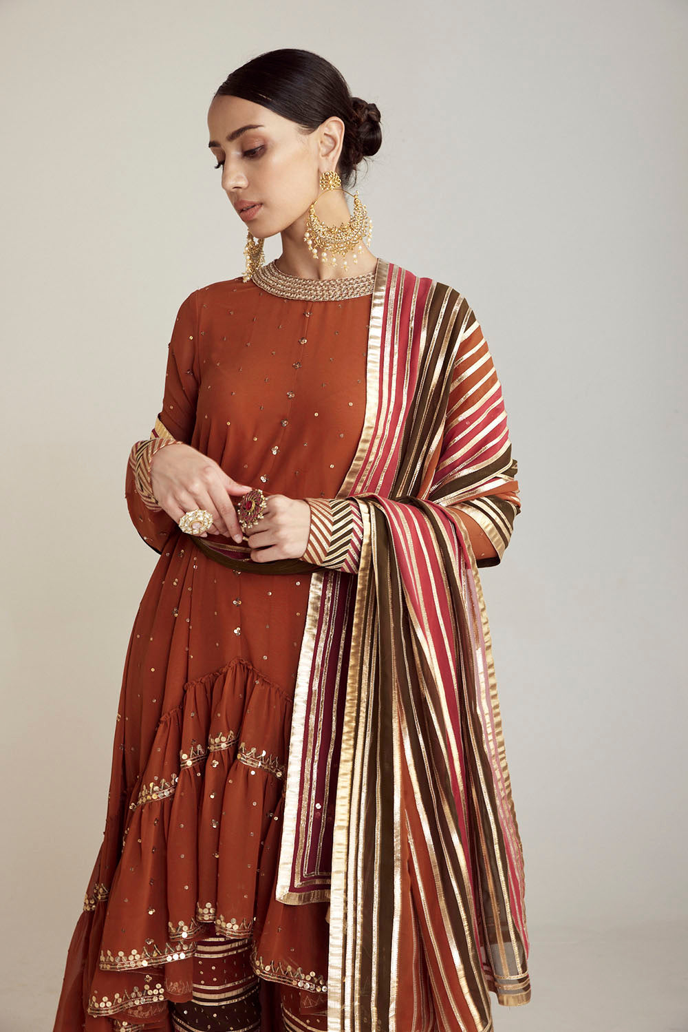 Rust Round Neck Asymmetrical Kurta Pant Set - Auraya Fashion 