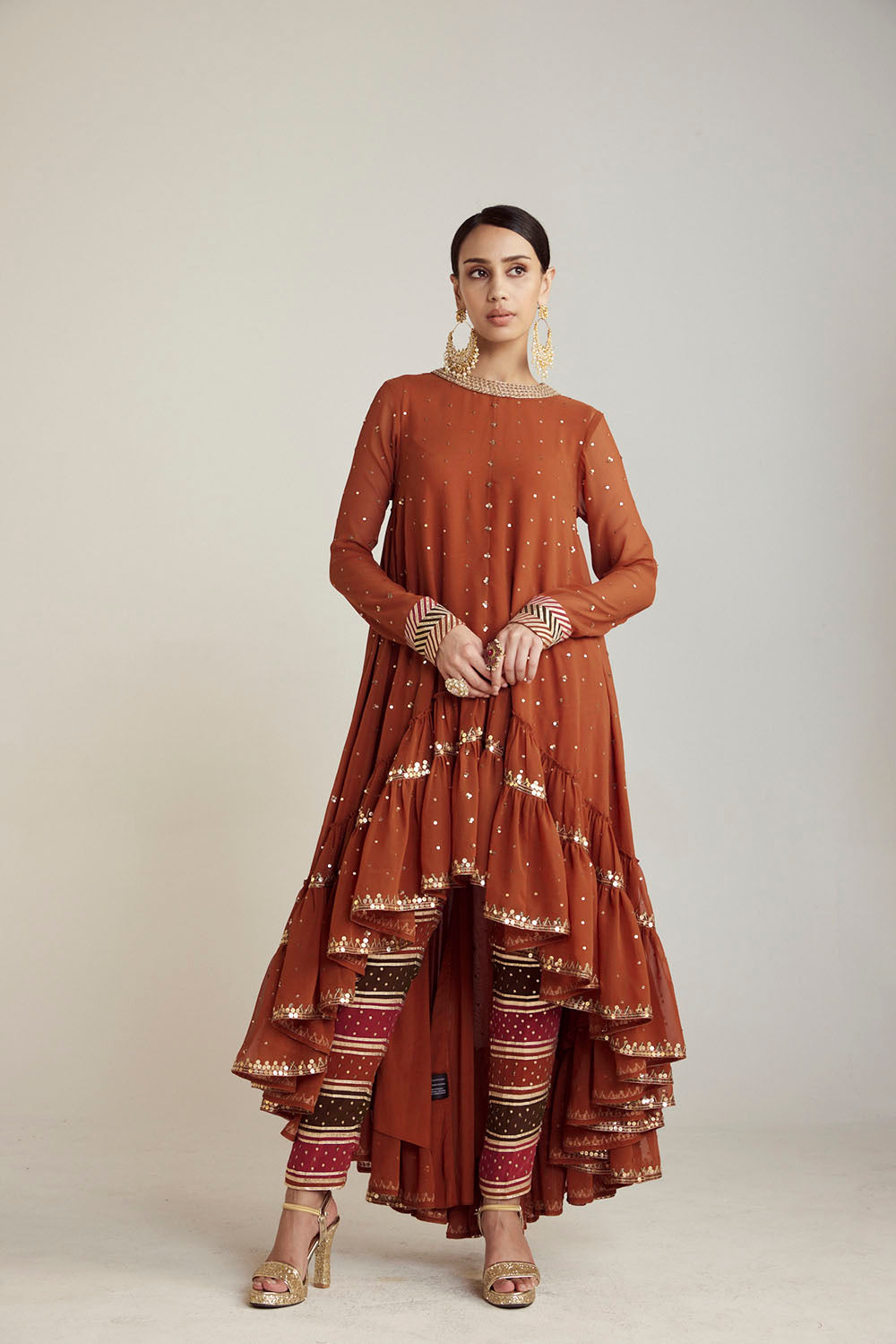 Rust Asymmetrical Kurta Pant Set - Auraya Fashion - Vani Vats - 