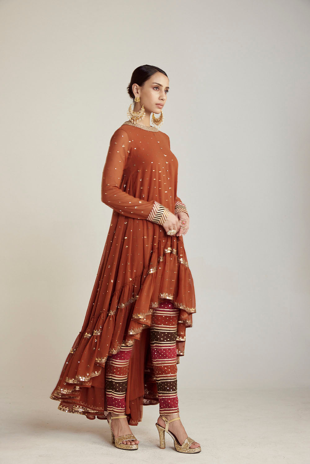 Rust Asymmetrical Kurta Pant Set - Auraya Fashion 