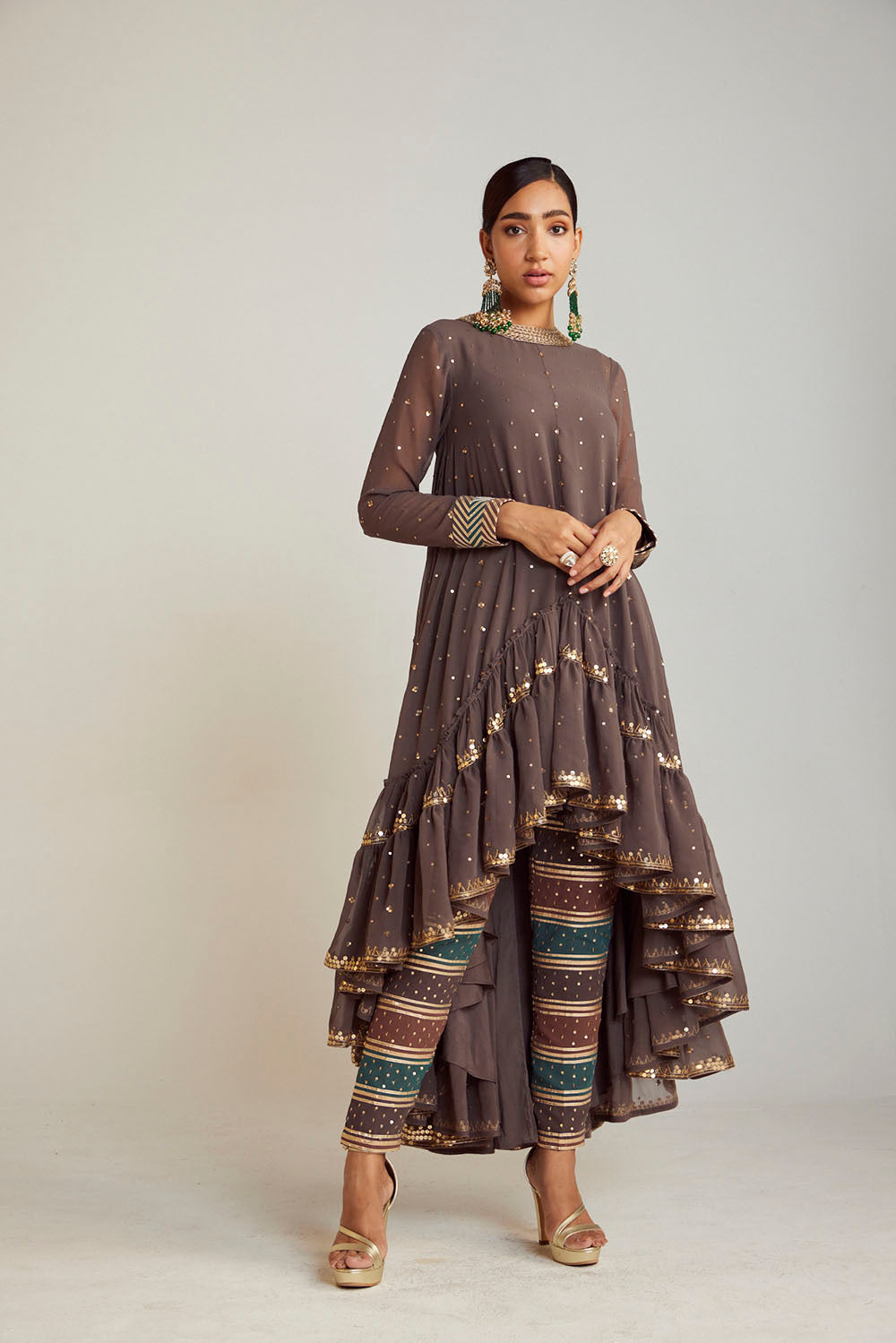 Charcoal Grey Asymmetrical Kurta Pant Set - Auraya Fashion - Vani Vats - 