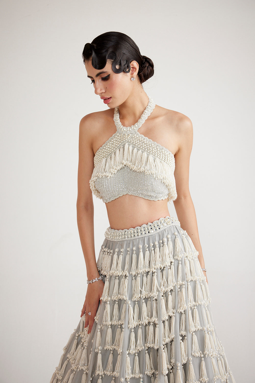 Powder Grey Chandelier Pearl Drop Crop Top Skirt Set - Auraya Fashion 