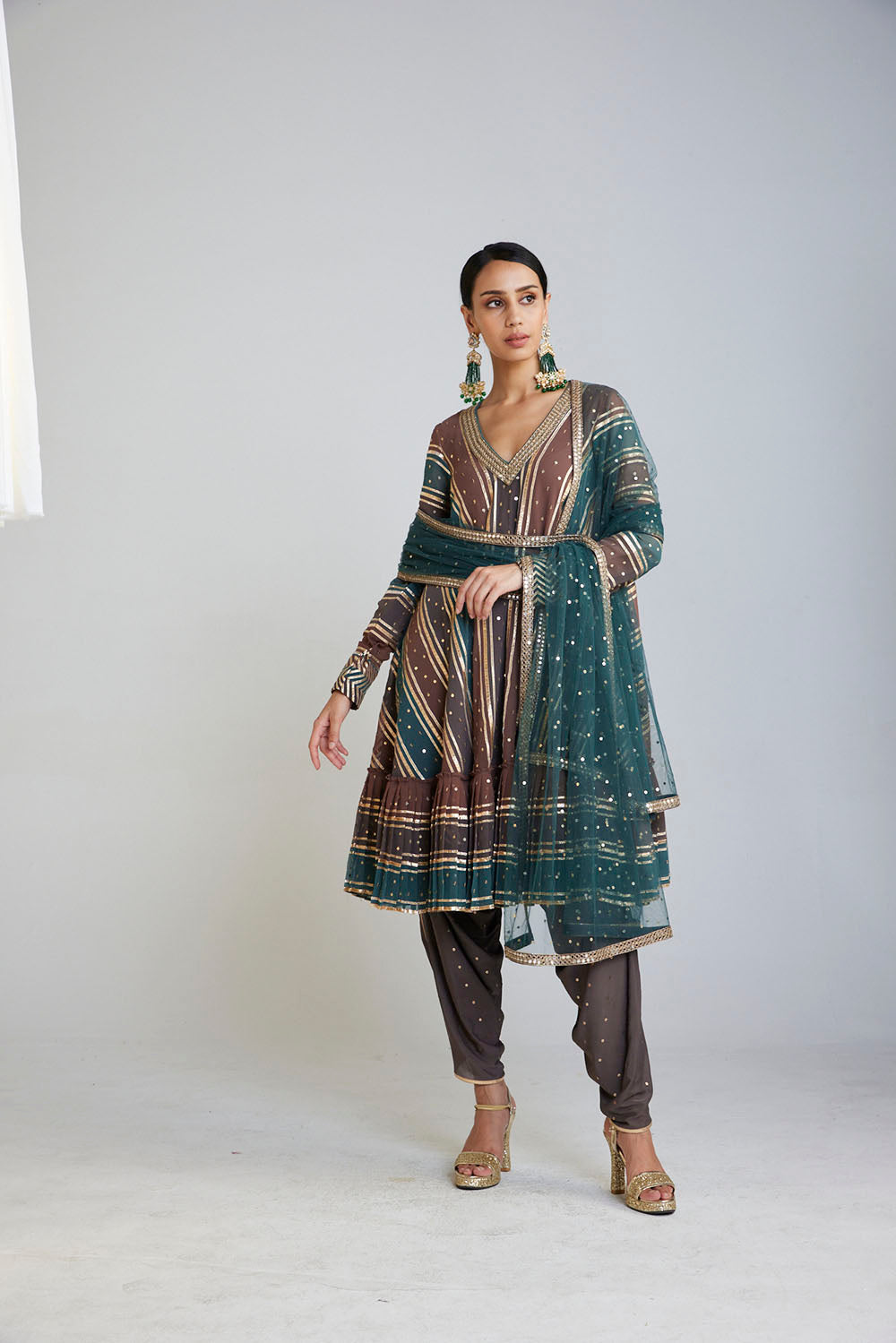 Mud Green V Neck Dhoti Kurta Set - Auraya Fashion - Vani Vats - 