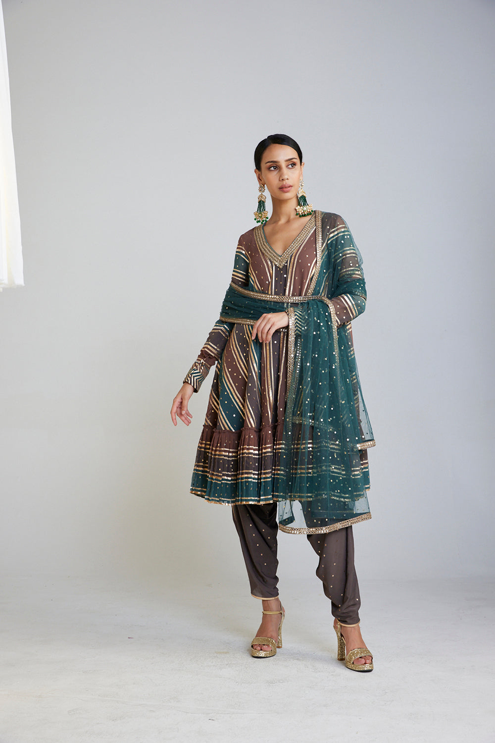 Mud Green V Neck A Line Dhoti Kurta Set - Auraya Fashion - Vani Vats - 