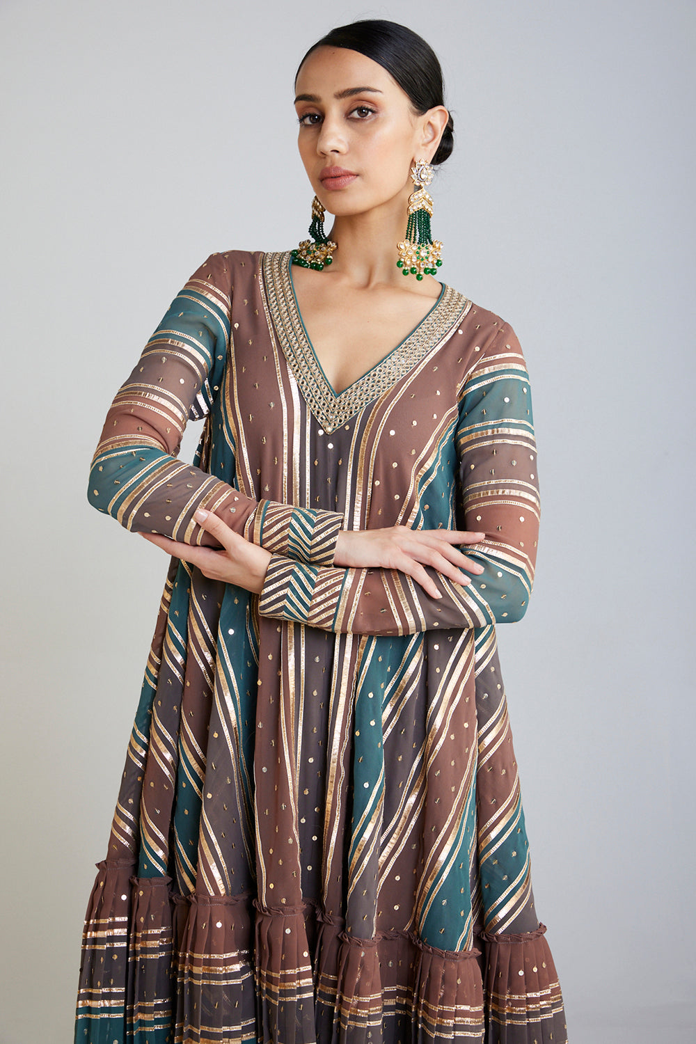 Mud Green V Neck A Line Dhoti Kurta Set - Auraya Fashion 