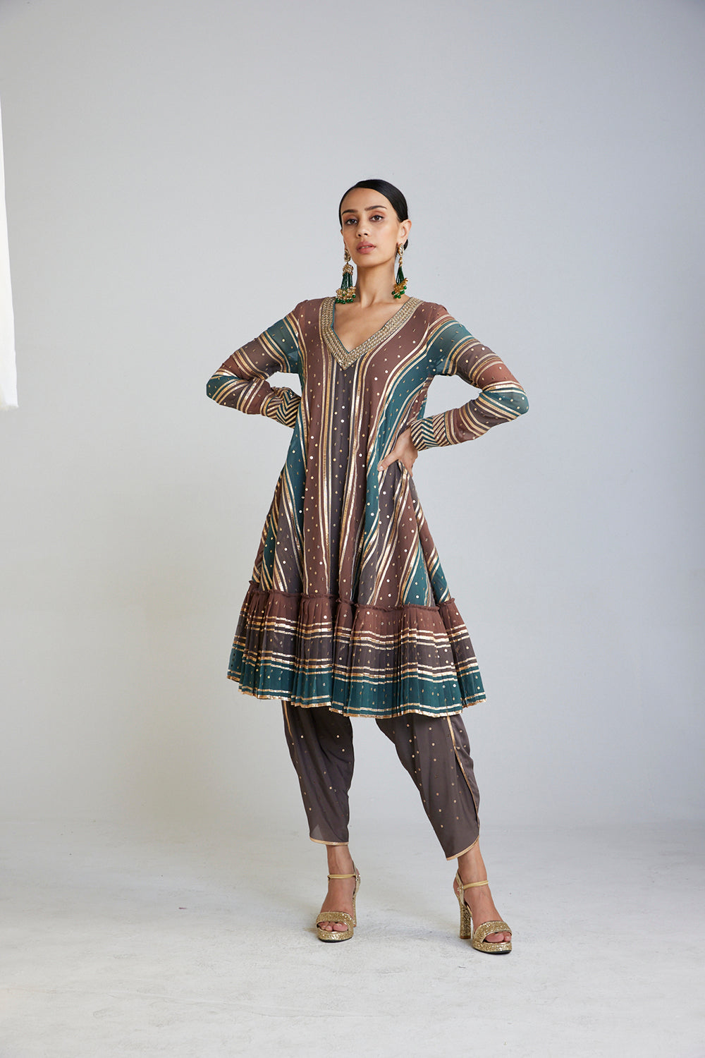 Mud Green A Line Dhoti Kurta Set - Auraya Fashion - Vani Vats - 