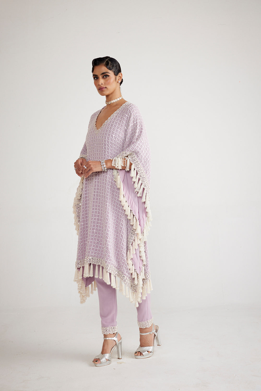 Powder Lilac Chandelier Pearl Drop Kaftan Set - Auraya Fashion 