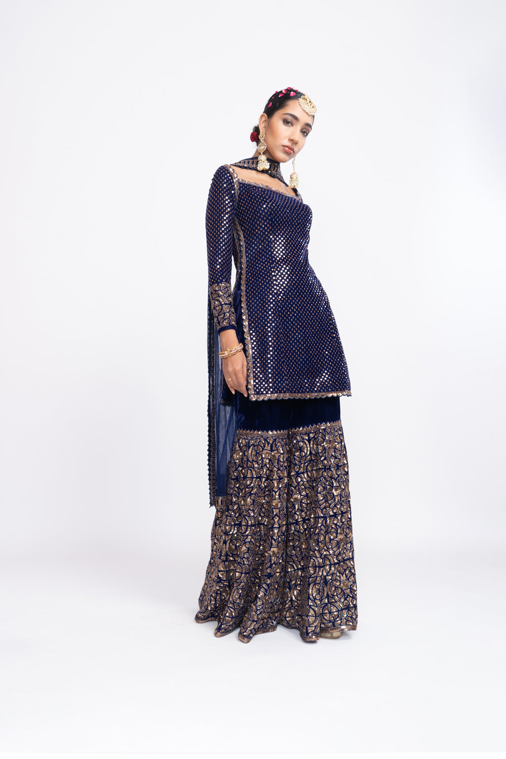 Navy Blue Kurta Sharara Set - Auraya Fashion - Vani Vats - 