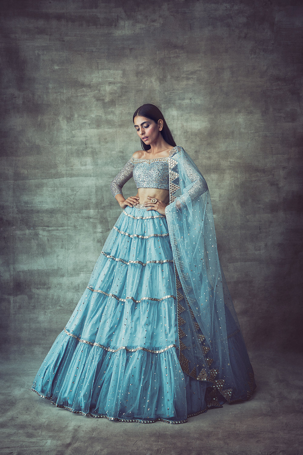 Ice Blue Off Shoulder Tier Lehenga Set