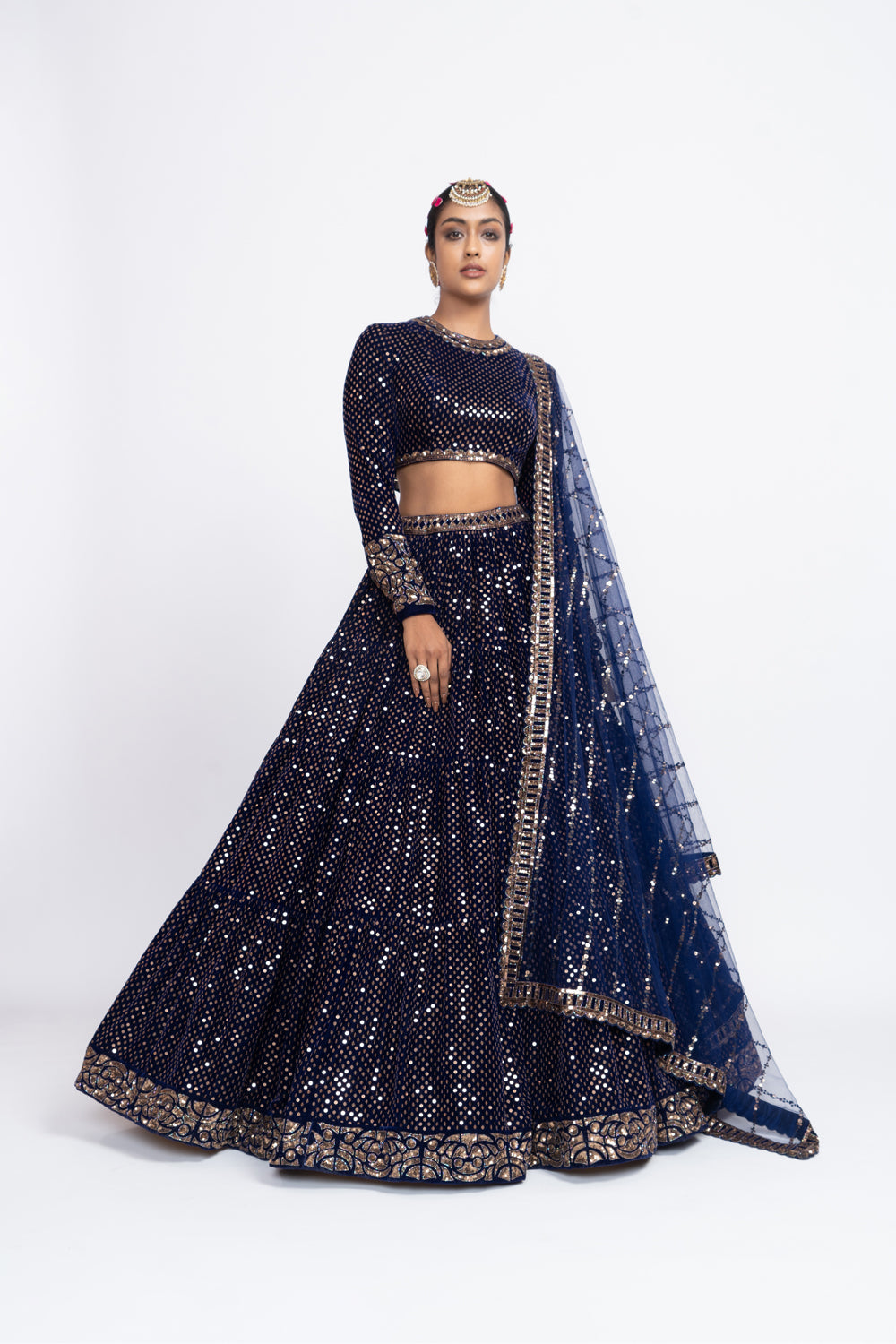 Navy Blue Dense Dot Lehnga Set - Auraya Fashion - Vani Vats - 