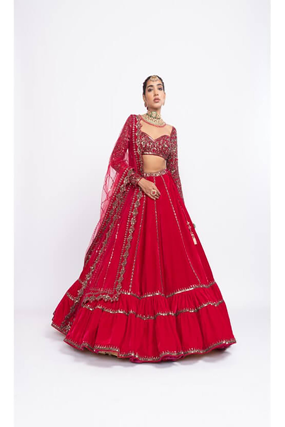 Red double tier lehenga set - Auraya Fashion - Vani Vats - 