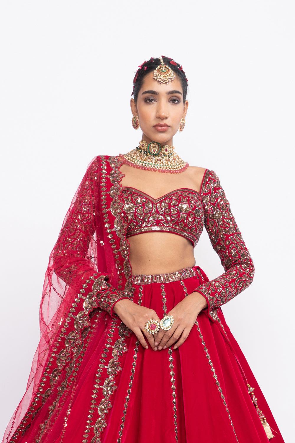 Red double tier lehenga set - Auraya Fashion 