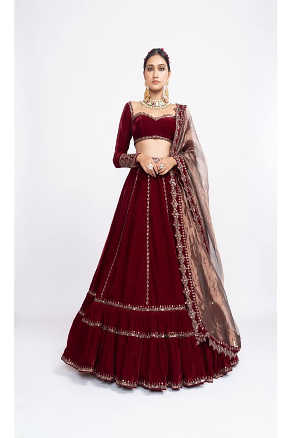 Mehroon double tier lehnga set - Auraya Fashion - Vani Vats - 