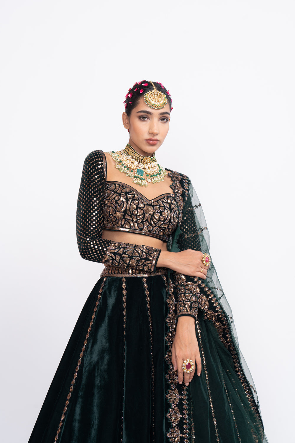 Deep Green Double Tier Lehnga Set - Auraya Fashion - Vani Vats - 