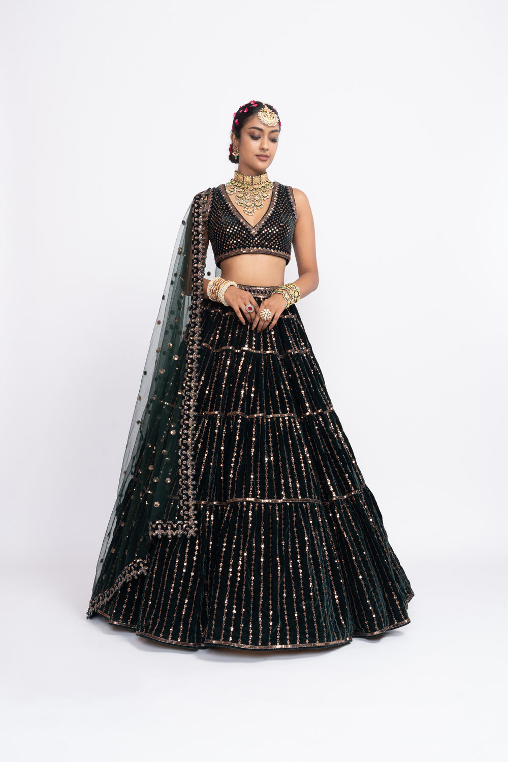 Deep Green Full Tier Lehnga Set - Auraya Fashion - Vani Vats - 