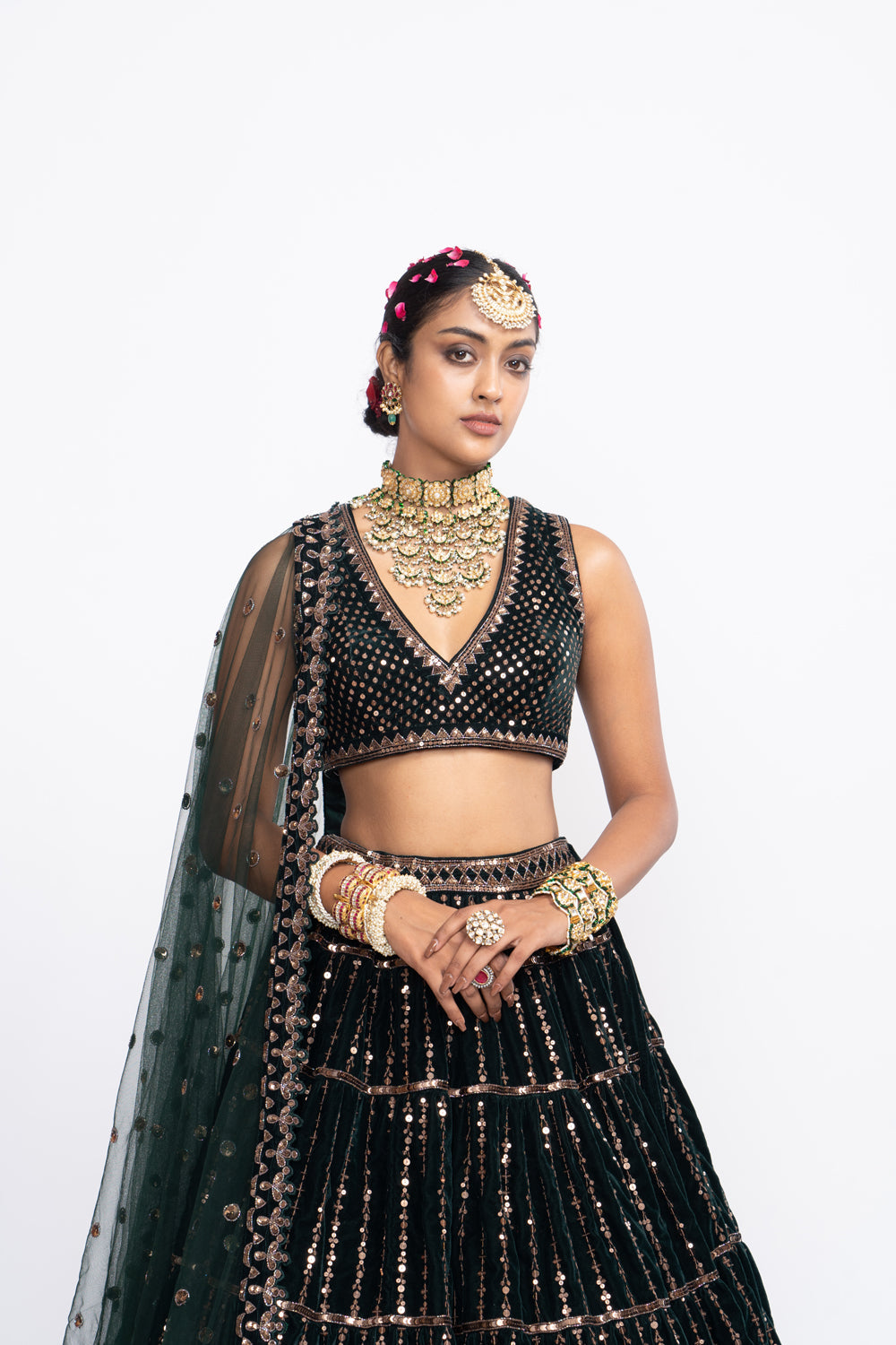 Deep Green Full Tier Lehnga Set - Auraya Fashion 